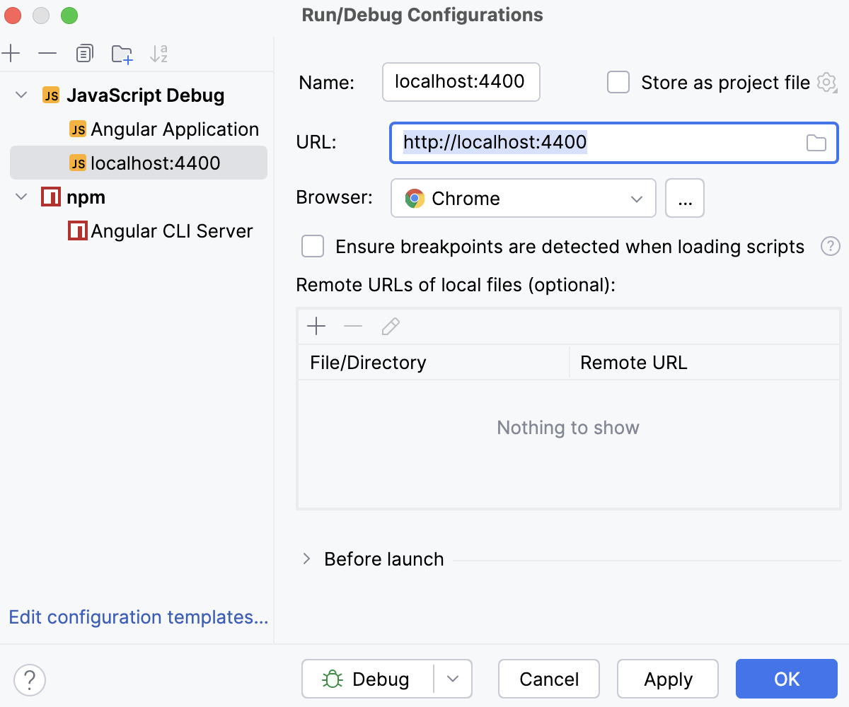Create a JavaScript Debug configuration: specify the URL Create a JavaScript Debug configuration: specify the URL