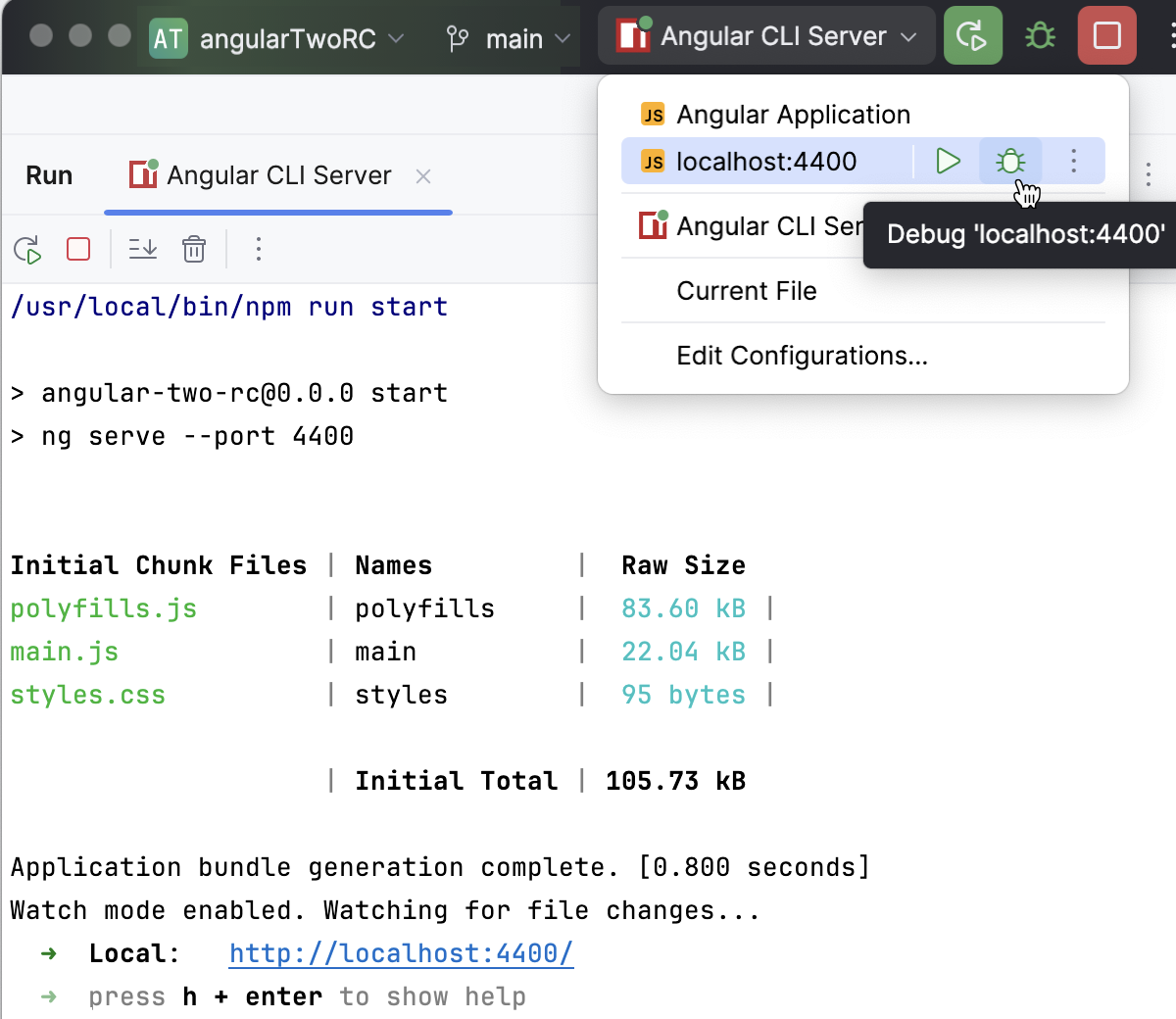Run a JavaScript Debug configuration from the Run widget Run a JavaScript Debug configuration from the Run widget