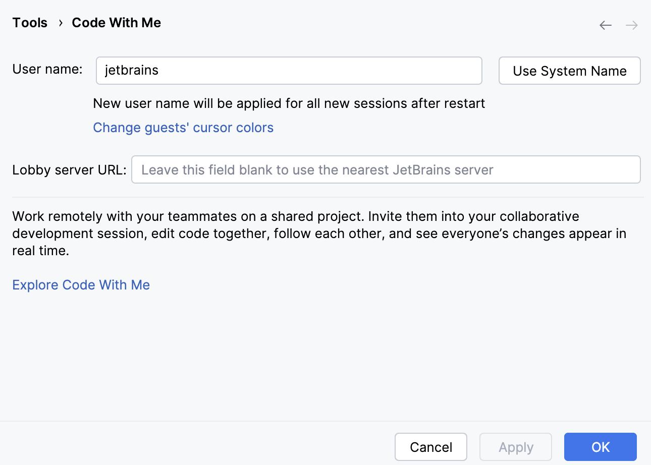 Code With Me settings Code With Me settings