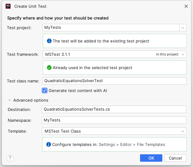 JetBrains Rider: Create Unit Test dialog JetBrains Rider: Create Unit Test dialog