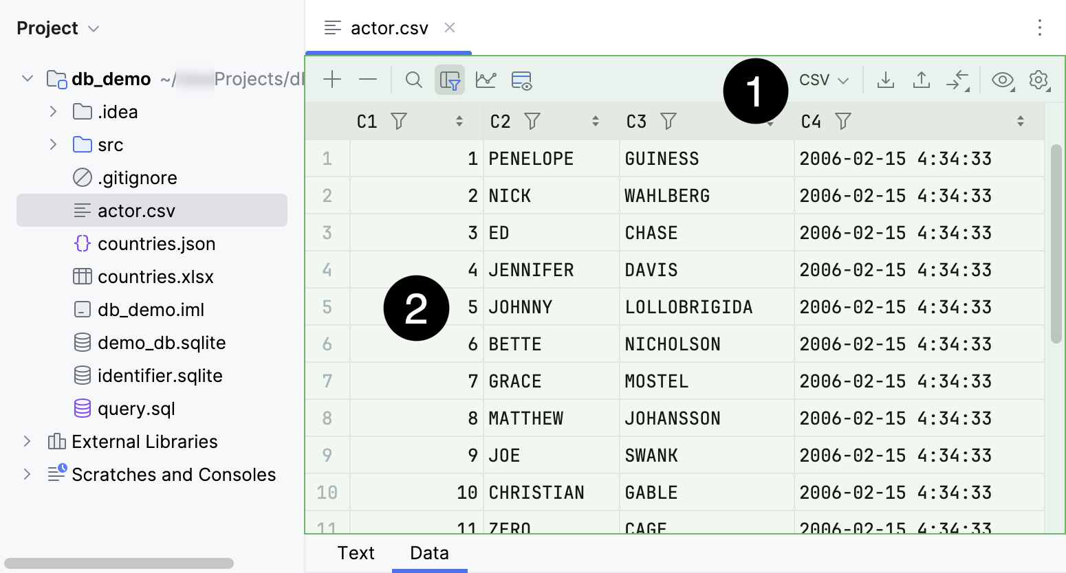 Data editor tab in a delimiter-separated values file editor Data editor tab in a delimiter-separated values file editor