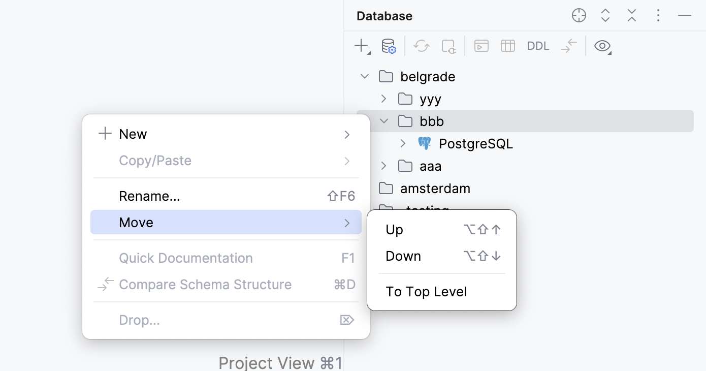 Reorder folders in Database tool window Reorder folders in Database tool window