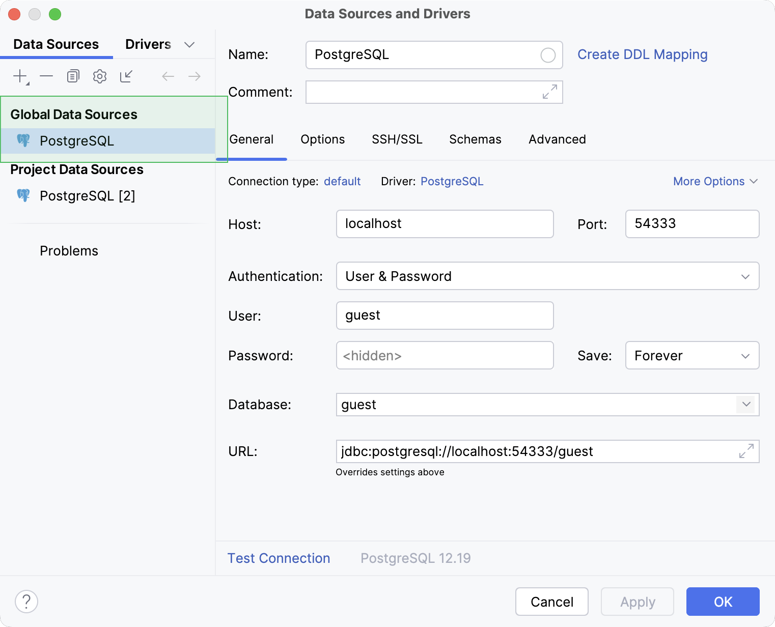Global and project level data sources in the Data Source and Drivers dialog Global and project level data sources in the Data Source and Drivers dialog