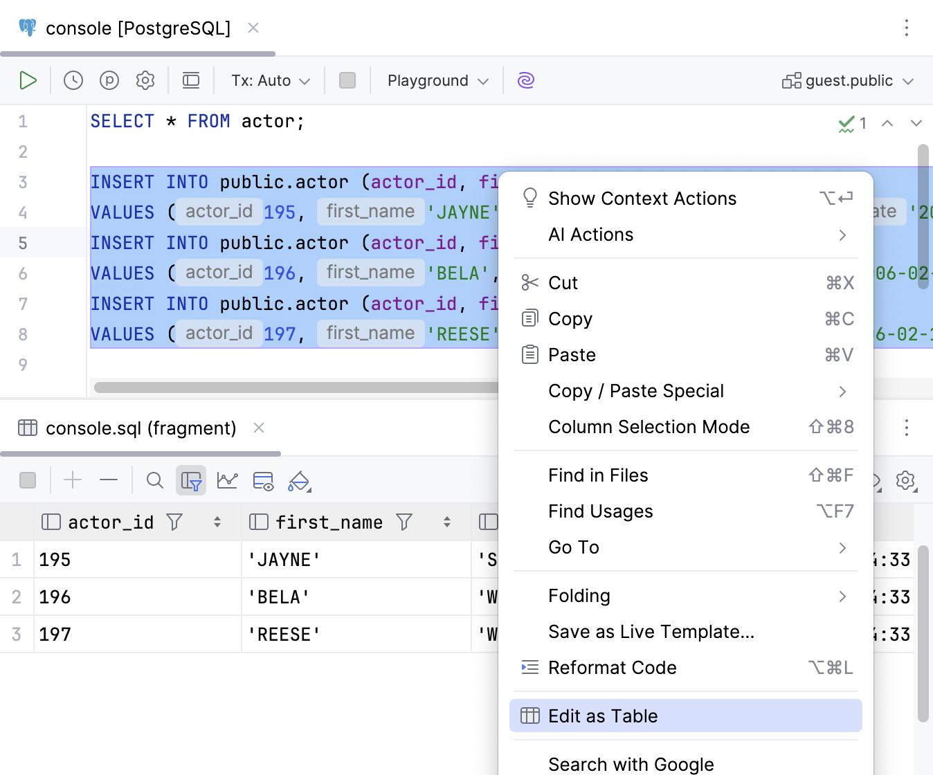 Edit data in INSERT statements as a table