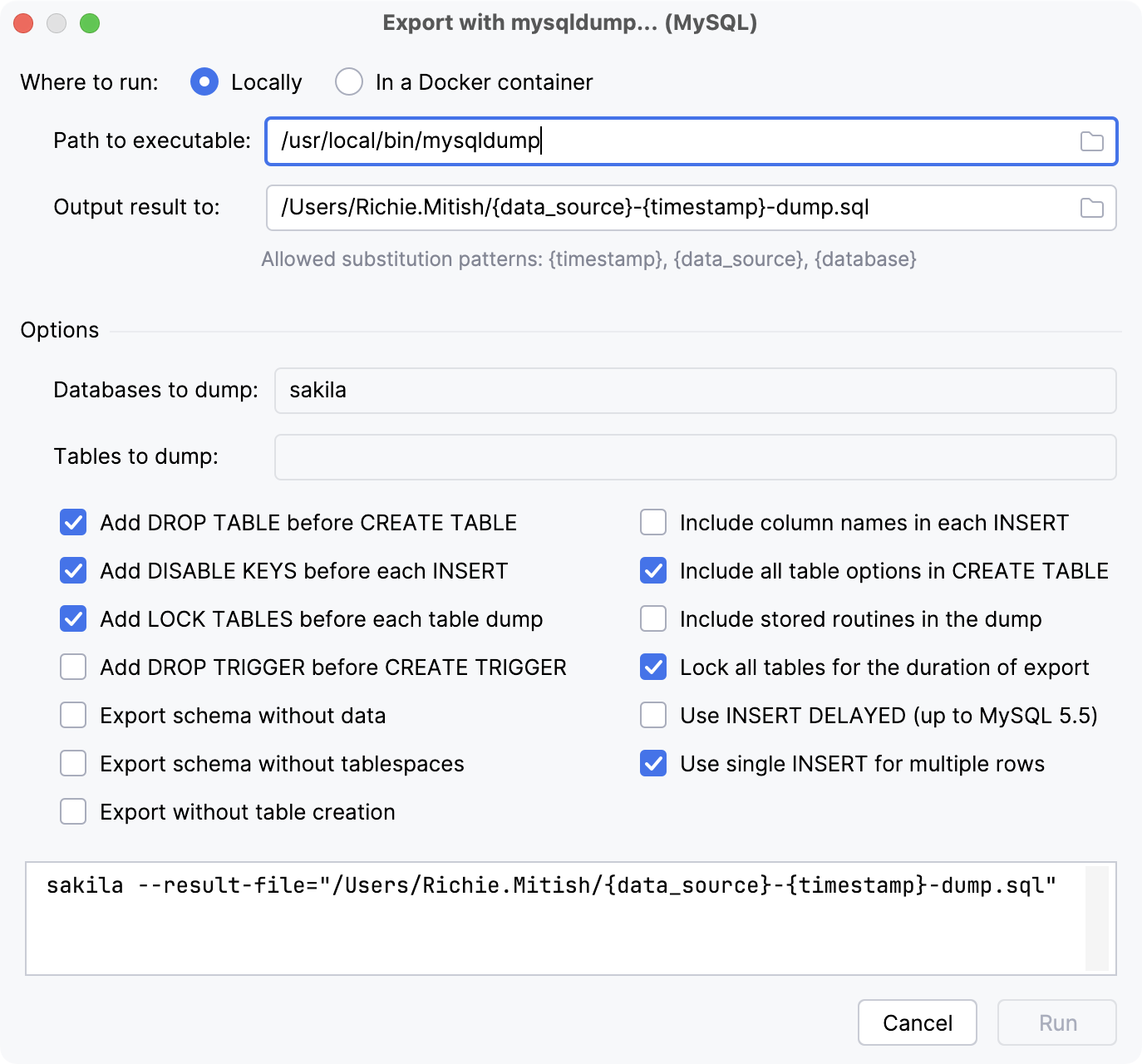 the Export with mysqldump dialog
