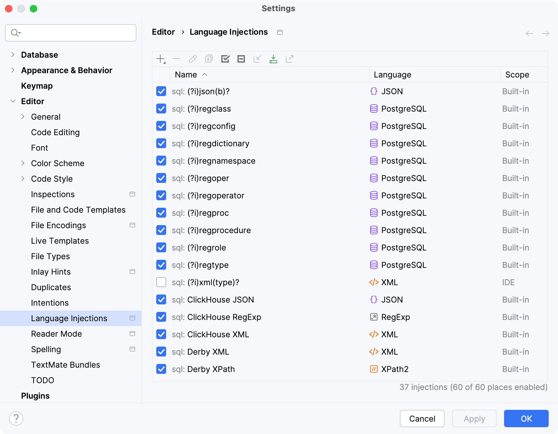 Language injections settings Language injections settings
