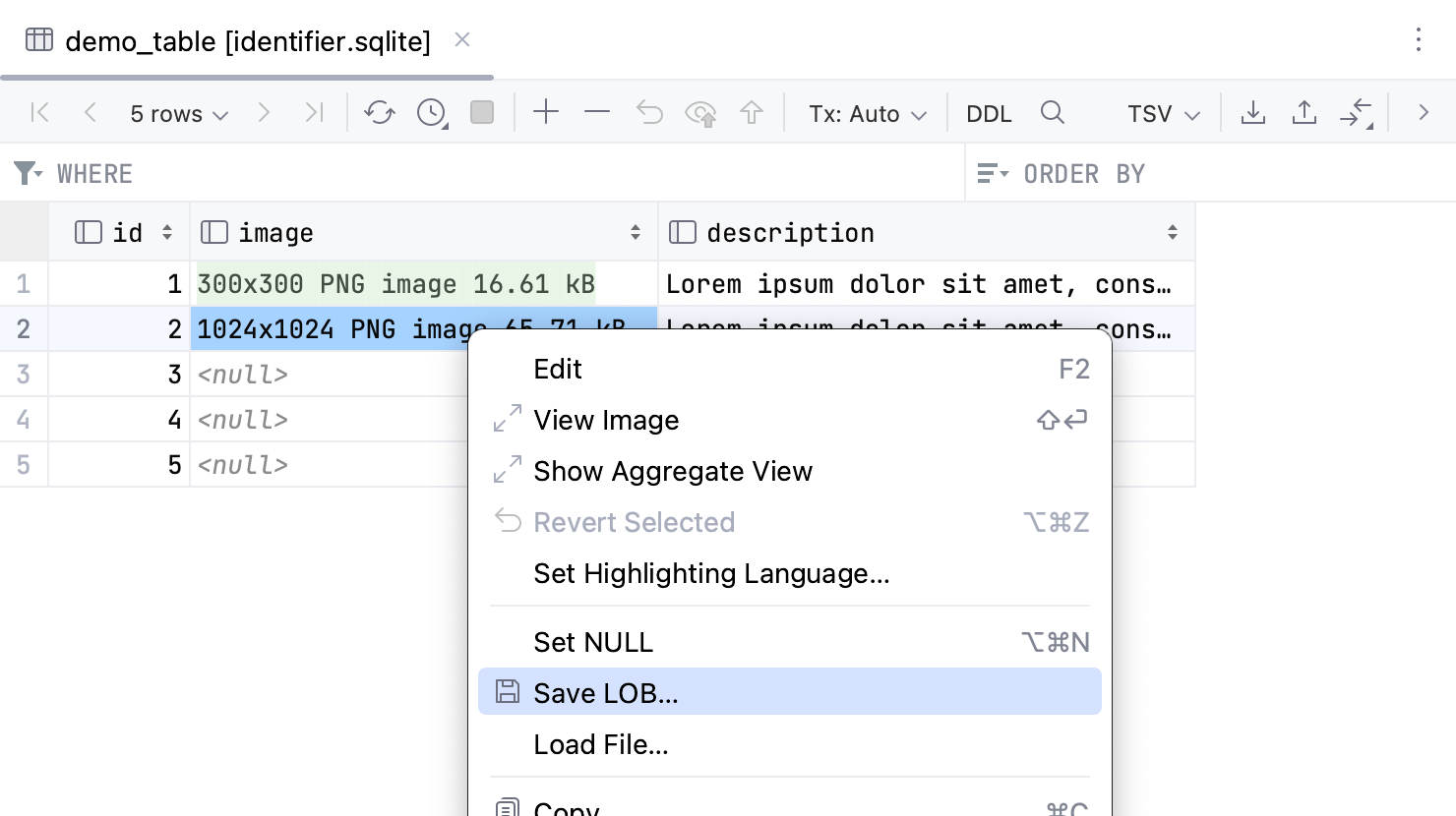 Saving an LOB into a file Saving an LOB into a file