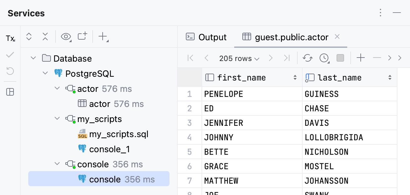 Database services in the Services tool window Database services in the Services tool window