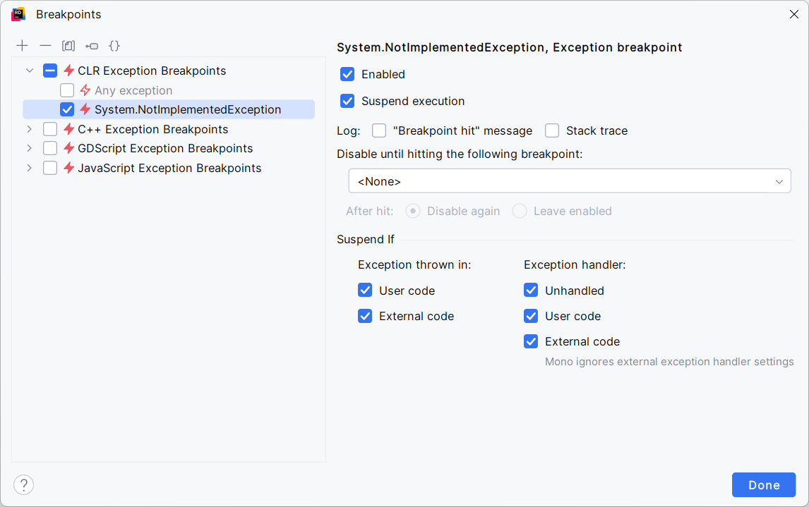 JetBrains Rider: new exception breakpoint
