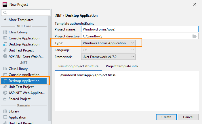 JetBrains Rider: project template for Windows Forms project JetBrains Rider: project template for Windows Forms project