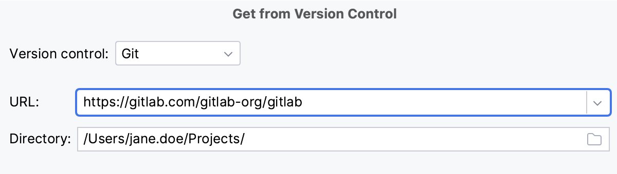 Get from Version Control dialog Get from Version Control dialog