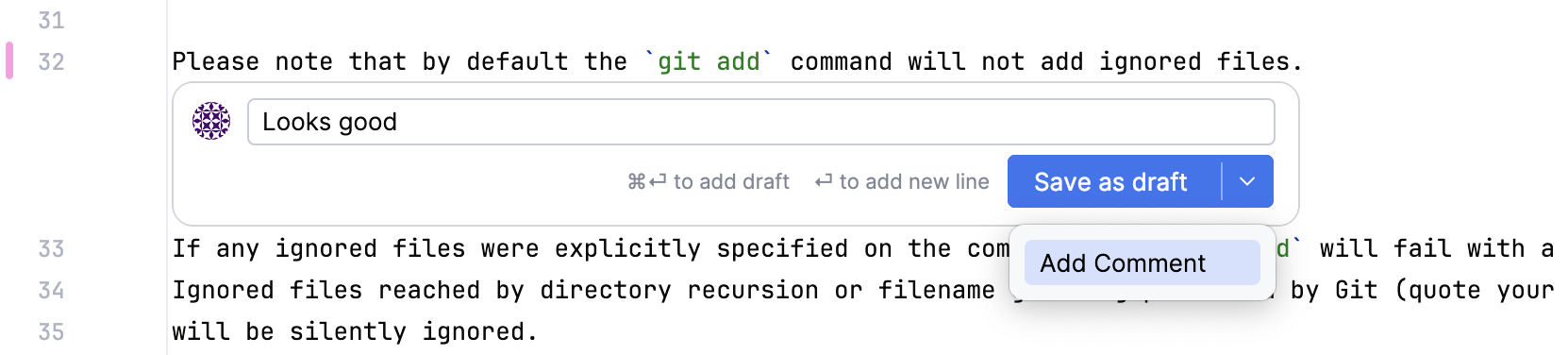 Comment field with a suggestion Comment field with a suggestion