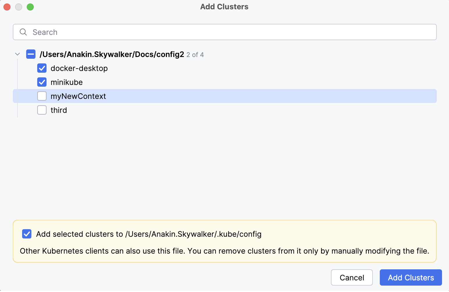 Add Clusters window Add Clusters window