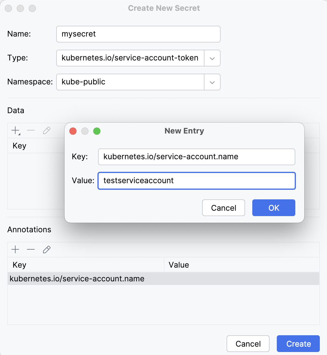 Create New Secret Window Create New Secret Window