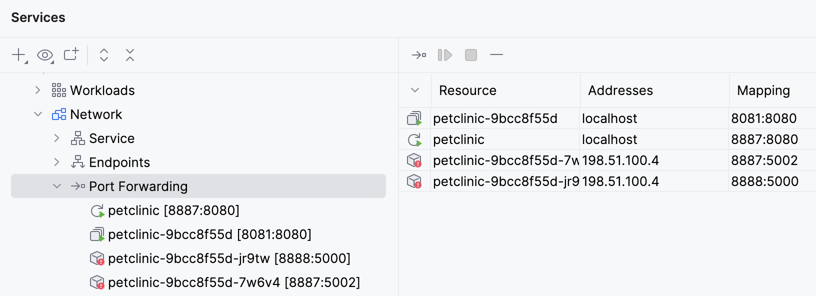 List of port-forwarding sessions List of port-forwarding sessions