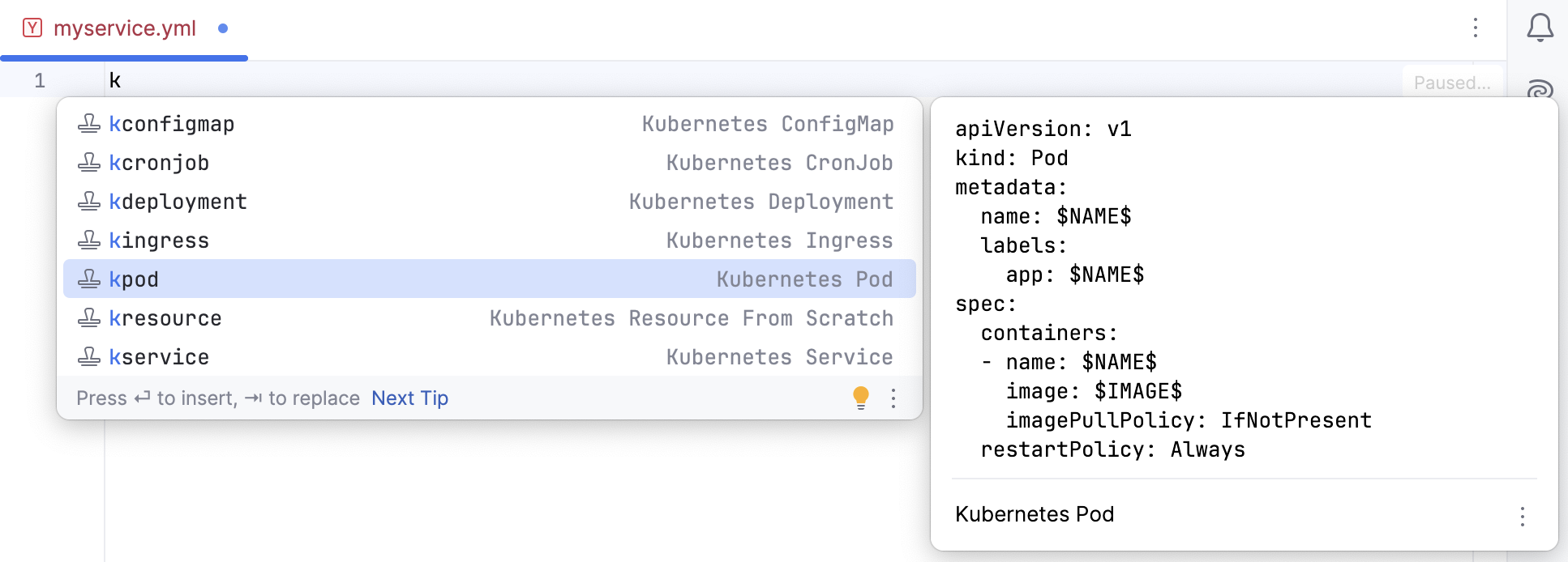 Kubernetes live templates Kubernetes live templates