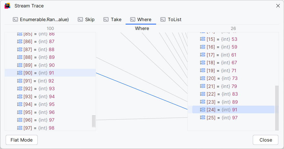 LINQ visualization popup in Rider.