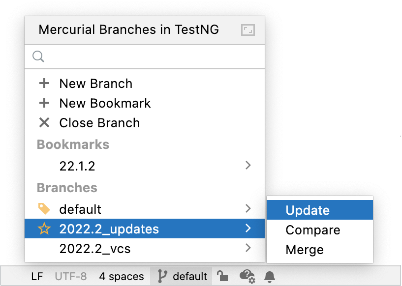 Mercurial widget in Status bar Mercurial widget in Status bar