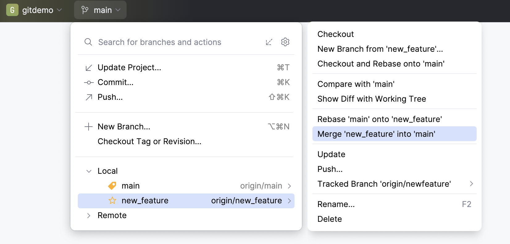 Merge option in the Branches popup menu