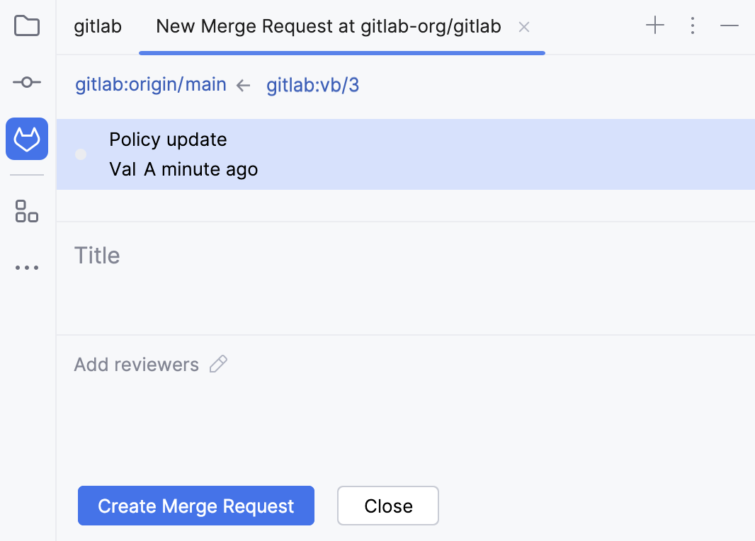 Merge Requests tool window with a new merge request Merge Requests tool window with a new merge request