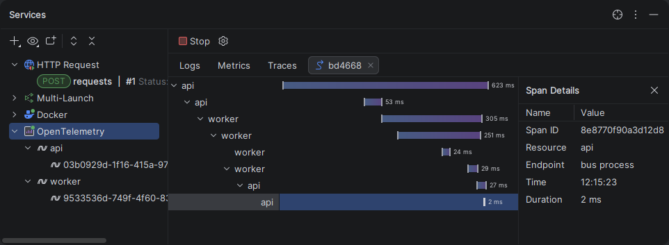 JetBrains Rider: OpenTelementry - Traces - Spans view JetBrains Rider: OpenTelementry - Traces - Spans view