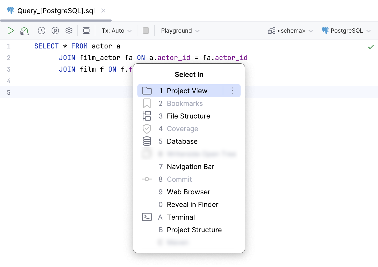 Navigate to a query console from the Select In window Navigate to a query console from the Select In window