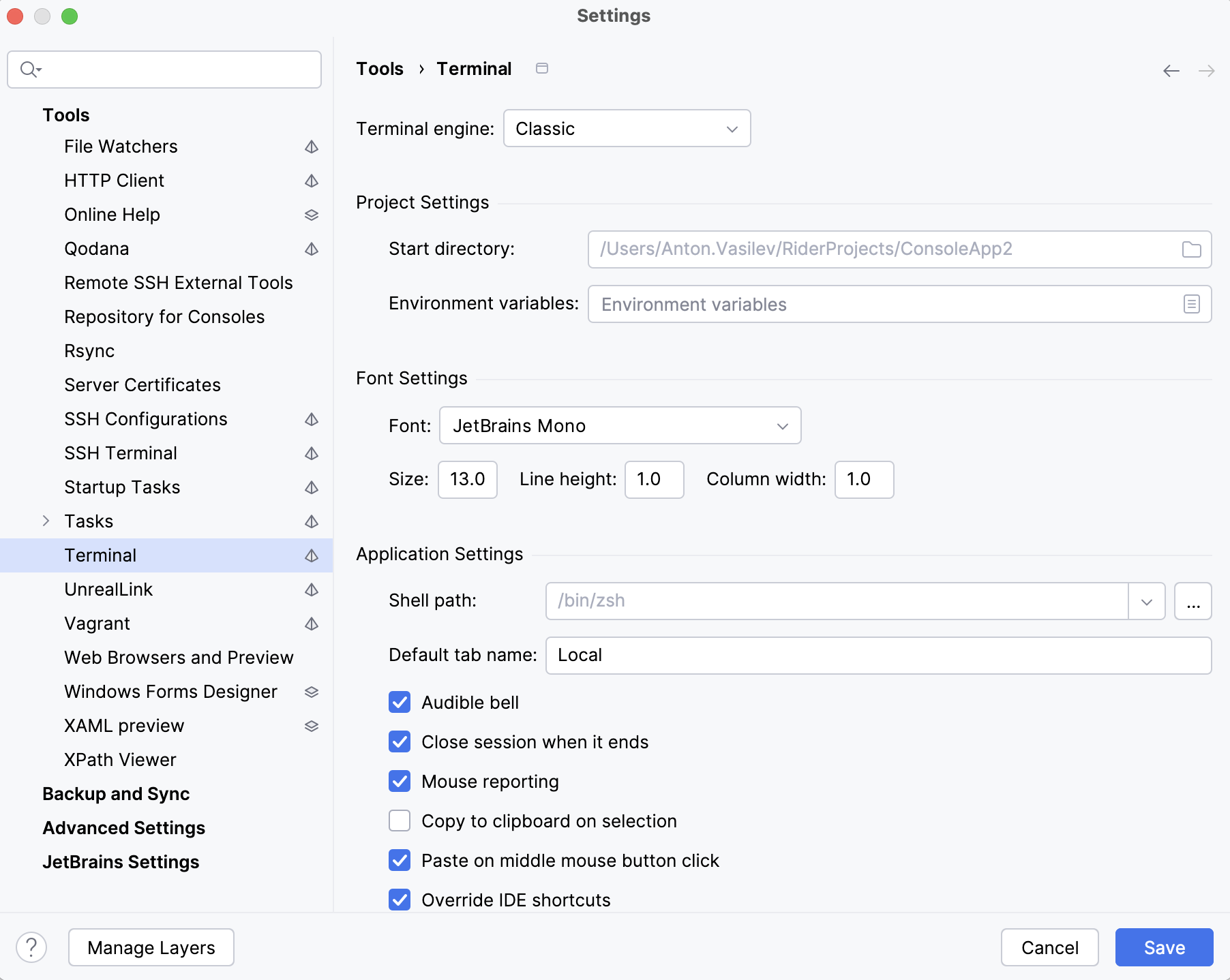 Settings | Tools | Terminal Settings | Tools | Terminal