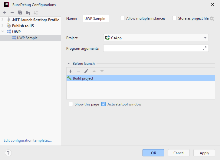 JetBrains&nbsp;Rider: Run/debug configuration. UWP