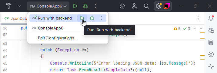 'Run' button near a run configuration in the Run widget menu 'Run' button near a run configuration in the Run widget menu