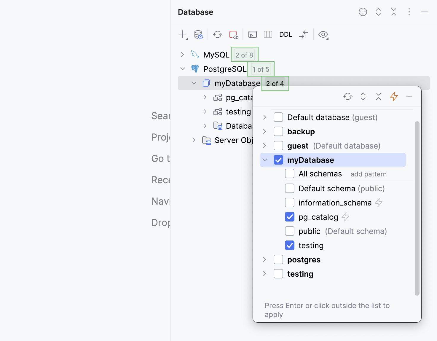 Select schemas or databases in Database tool window Select schemas or databases in Database tool window