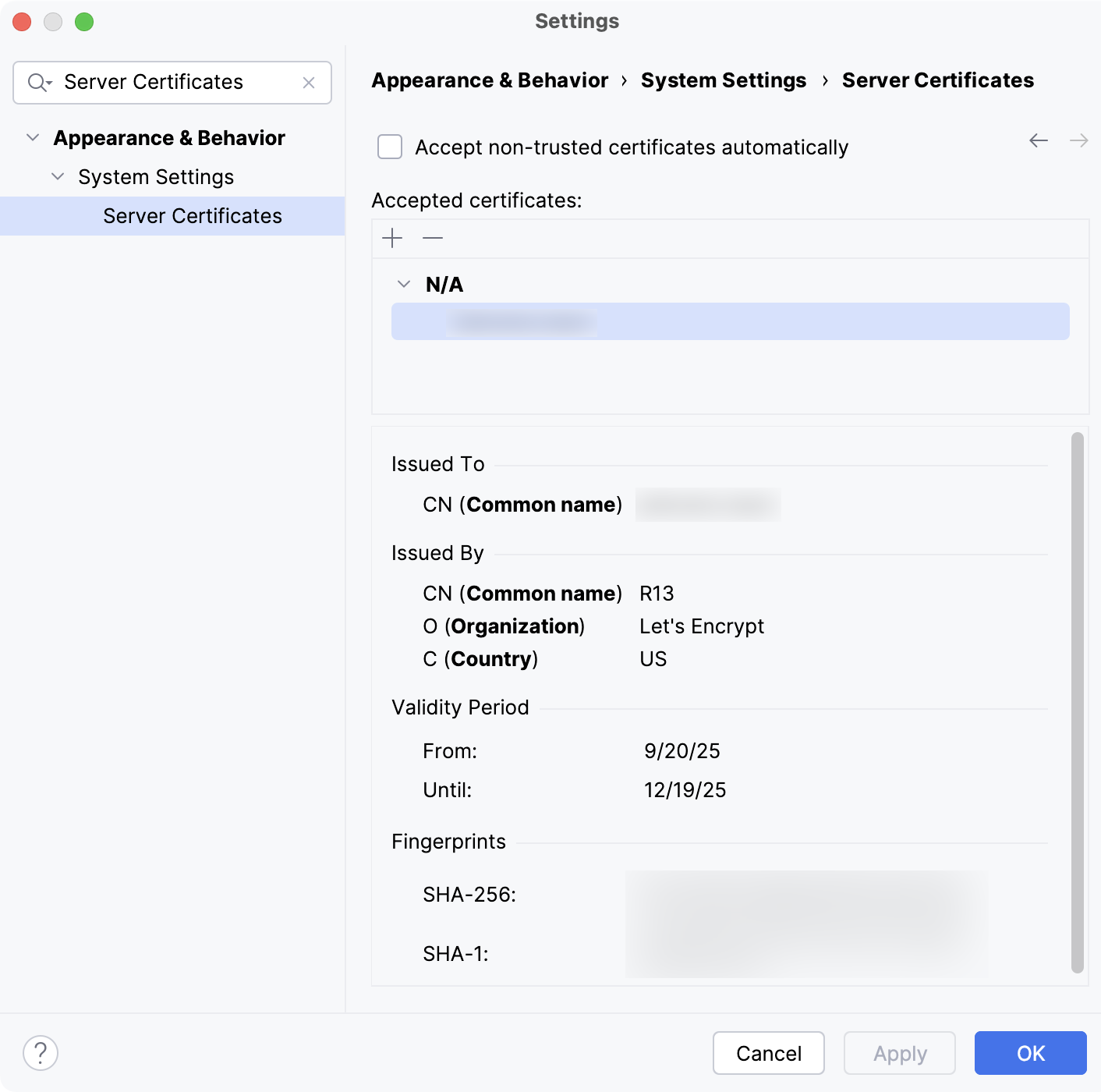 Server Certificates page in Settings Server Certificates page in Settings