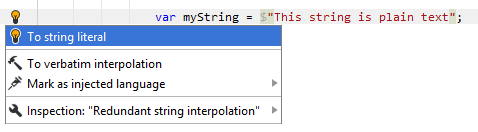 JetBrains Rider: Converting string interpolation without parameters into string literal JetBrains Rider: Converting string interpolation without parameters into string literal