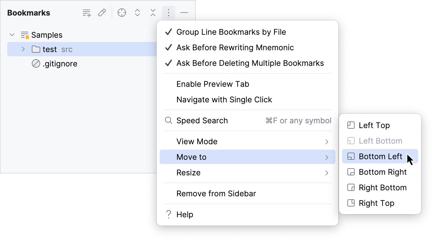 Tool window options menu: Move to Tool window options menu: Move to