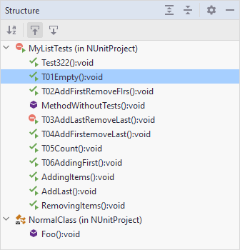 JetBrains&nbsp;Rider shows unit tests in File Structure