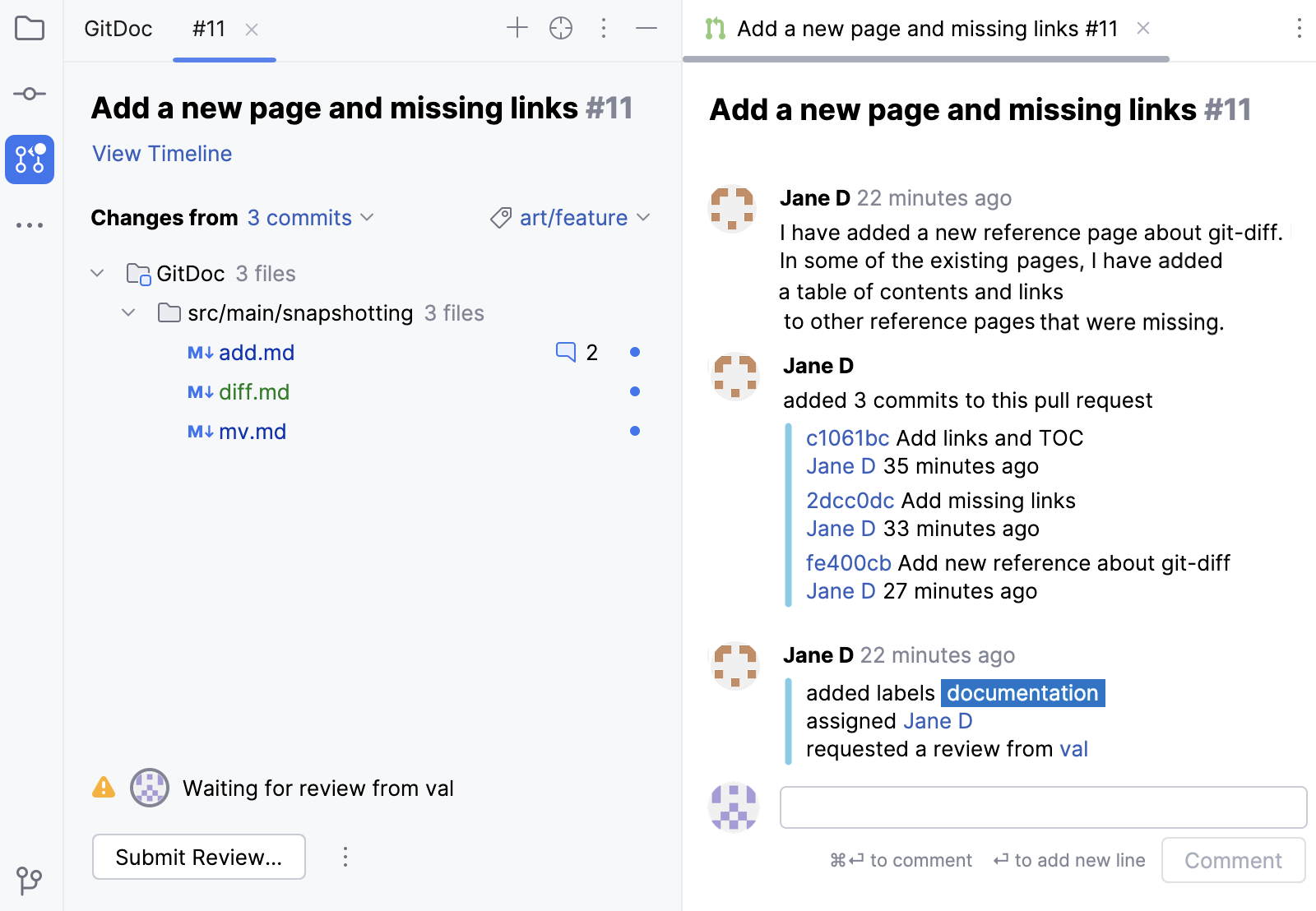 Tab with an overview of the selected pull request Tab with an overview of the selected pull request