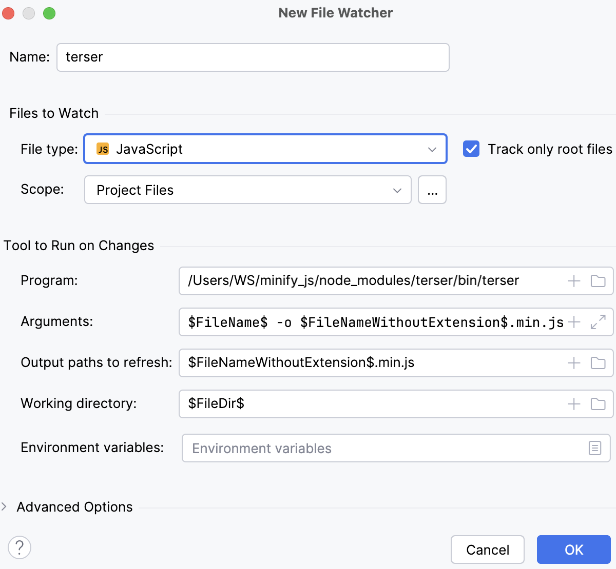 Create UglifyJS (terser) watcher: New Watcher dialog with default settings