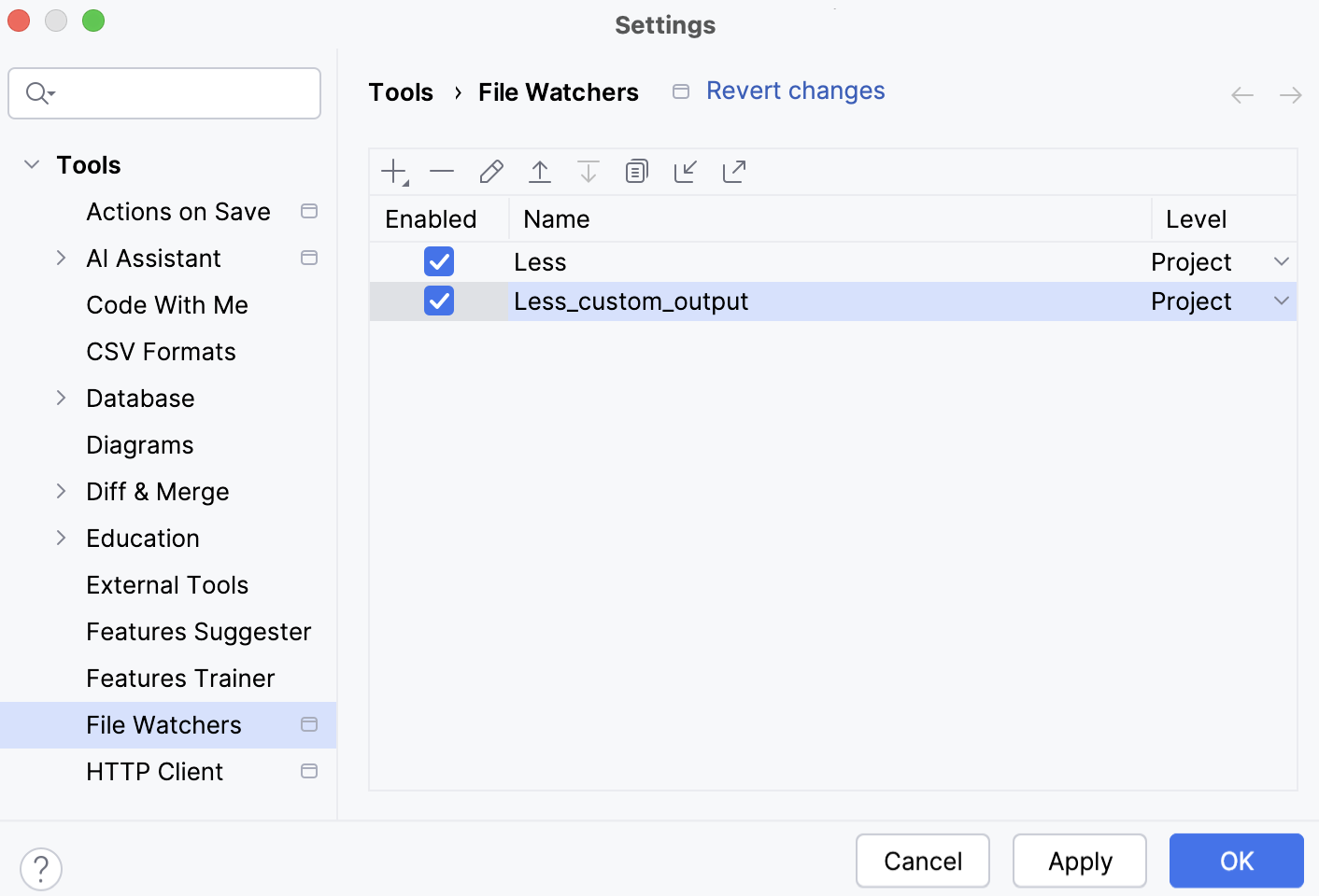New File Watcher with custom output path saved and enabled