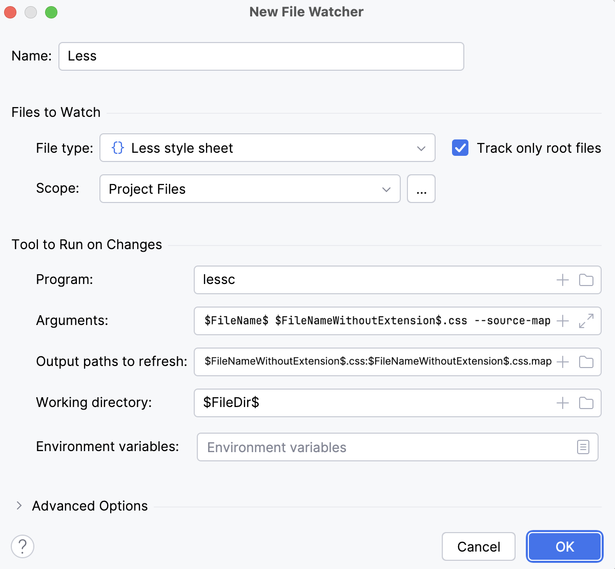 Less File Watcher: settings