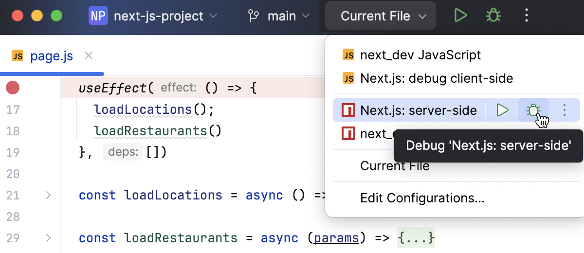 Start debugging the server-side code of a Next.js app via a run/debug configuration