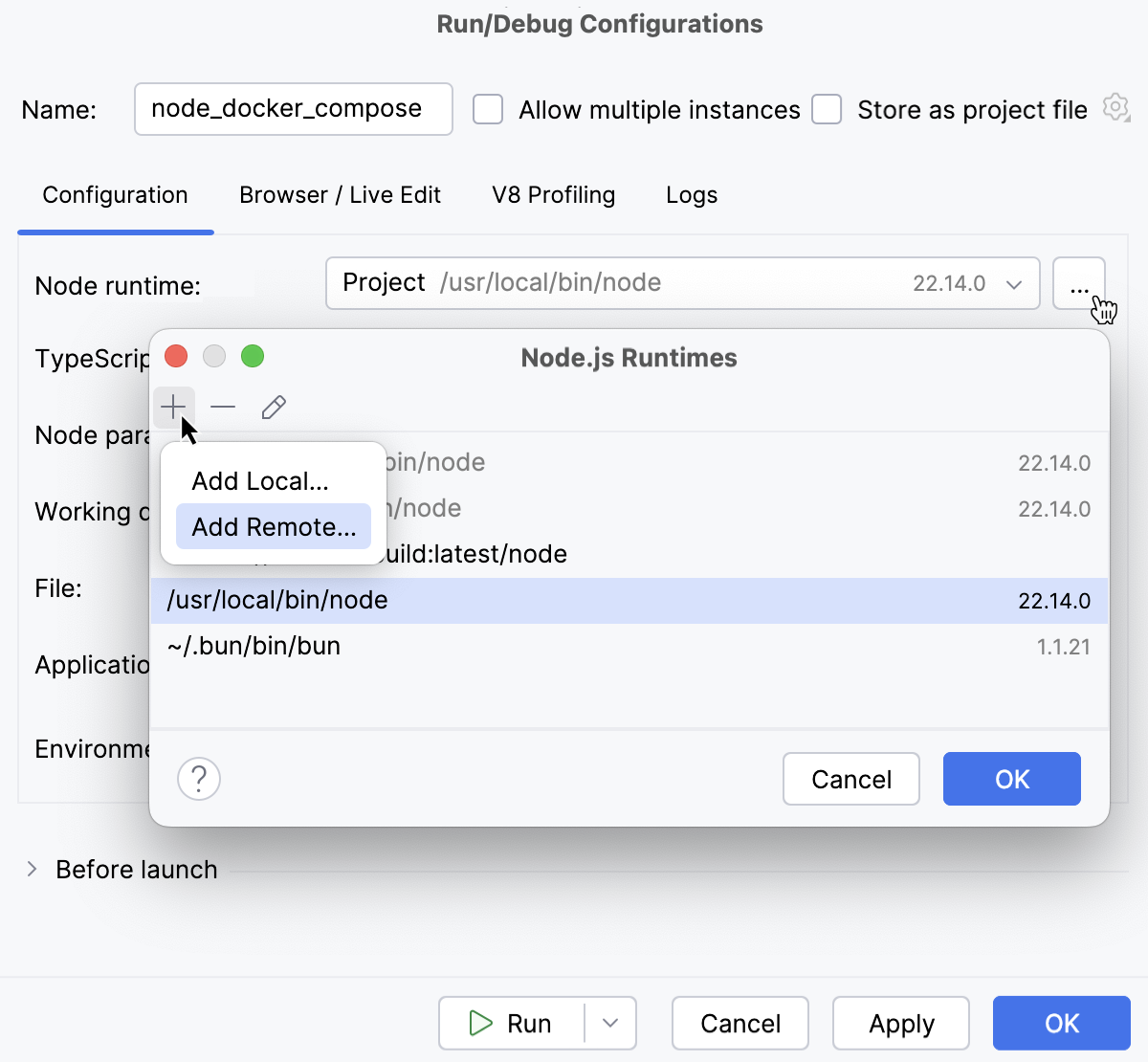 Node.js with Docker Compose: run/debug configuration, configure runtime, select Add Remote