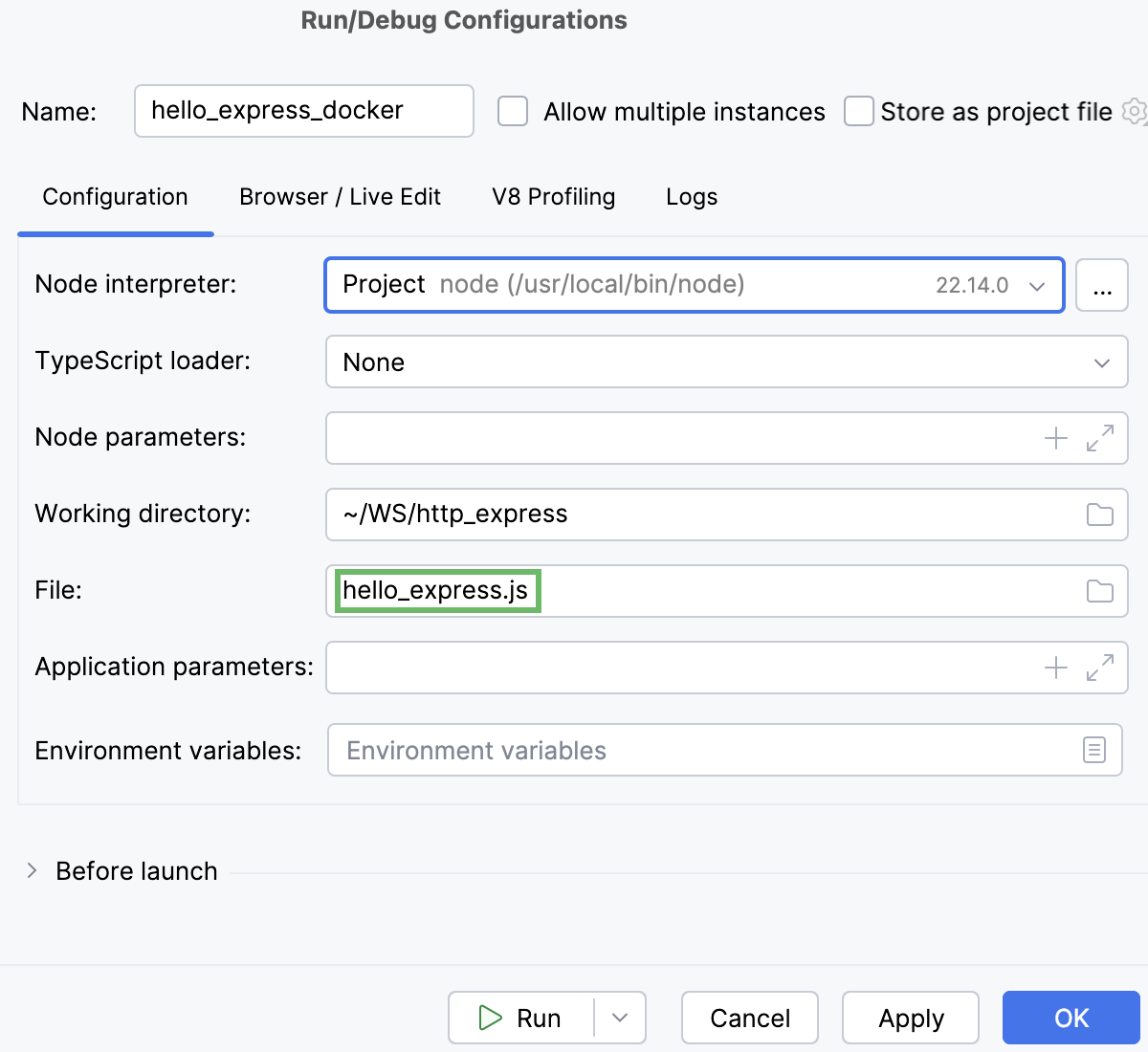 Node.js run/debug configuration: JavaScript file specified