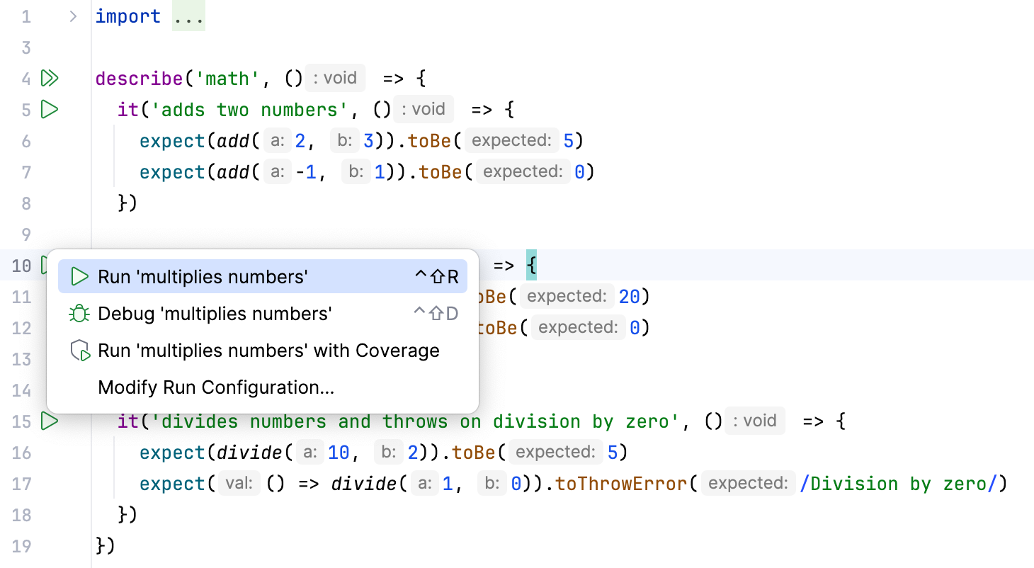 Run one Vitest test from the editor