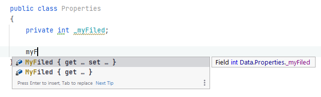JetBrains Rider: Completion suggestion to generate a property for a field JetBrains Rider: Completion suggestion to generate a property for a field