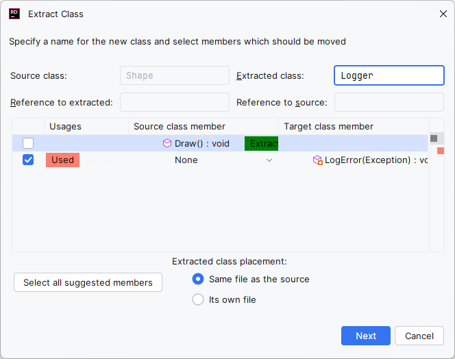 JetBrains&nbsp;Rider。 提取类重构