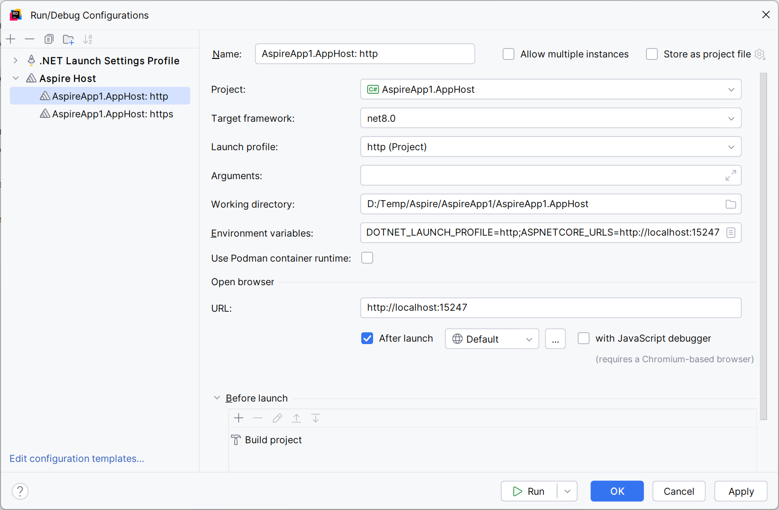 Aspire Host run configuration Aspire Host run configuration