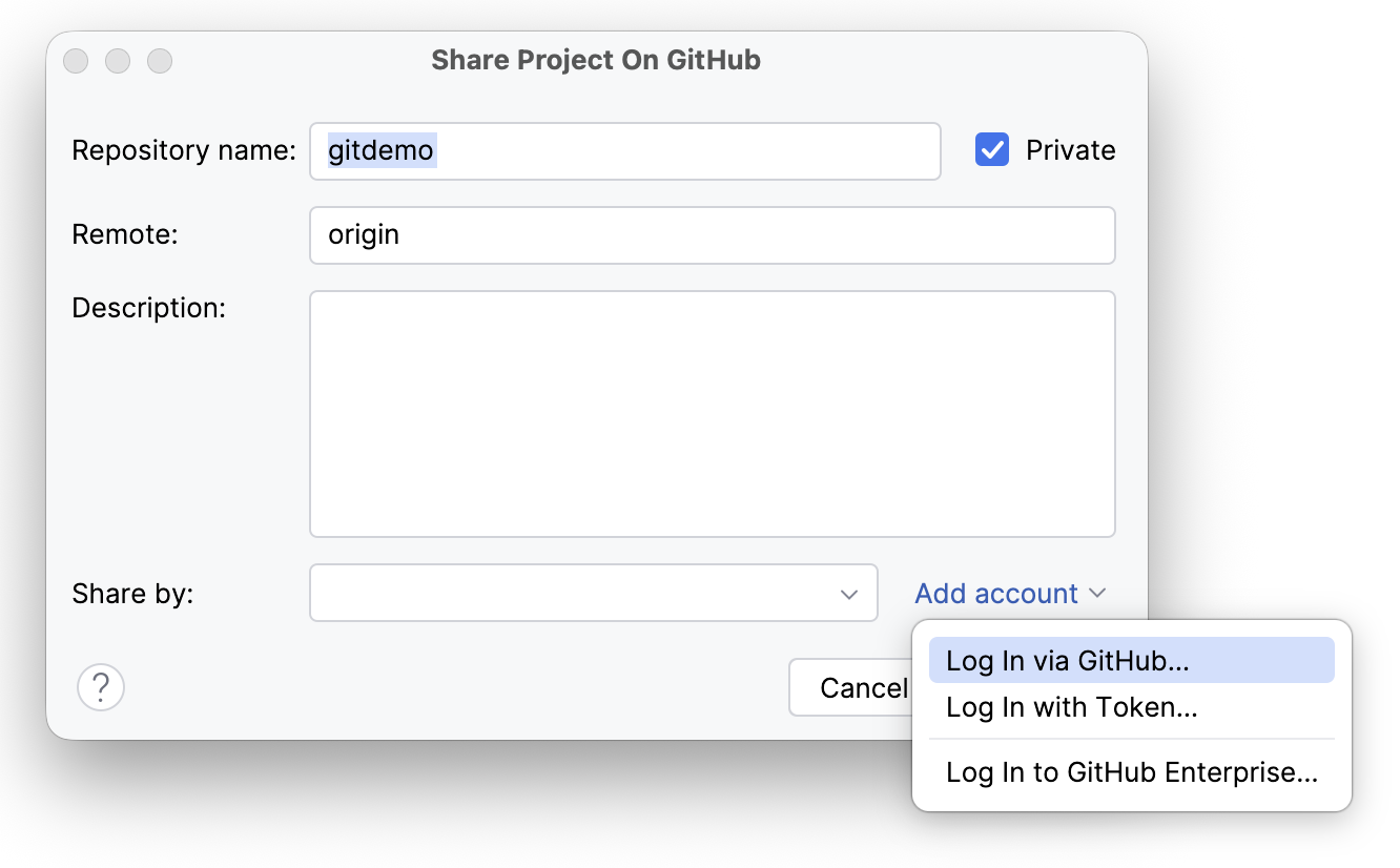 The Share Project on GitHub dialog