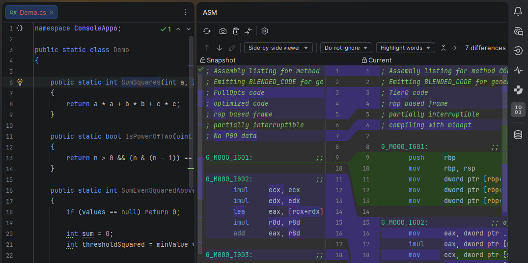 JetBrains Rider: ASM viewer. Disassembly diff JetBrains Rider: ASM viewer. Disassembly diff