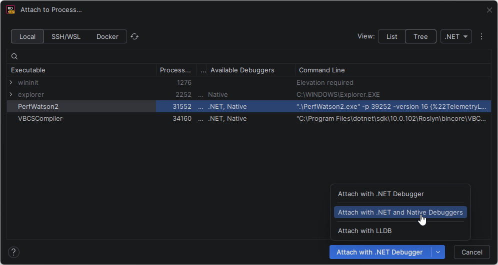 JetBrains&nbsp;Rider：以混合模式调试进程