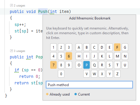 JetBrains&nbsp;Rider: Adding a mnemonic bookmark, selecting an identifier