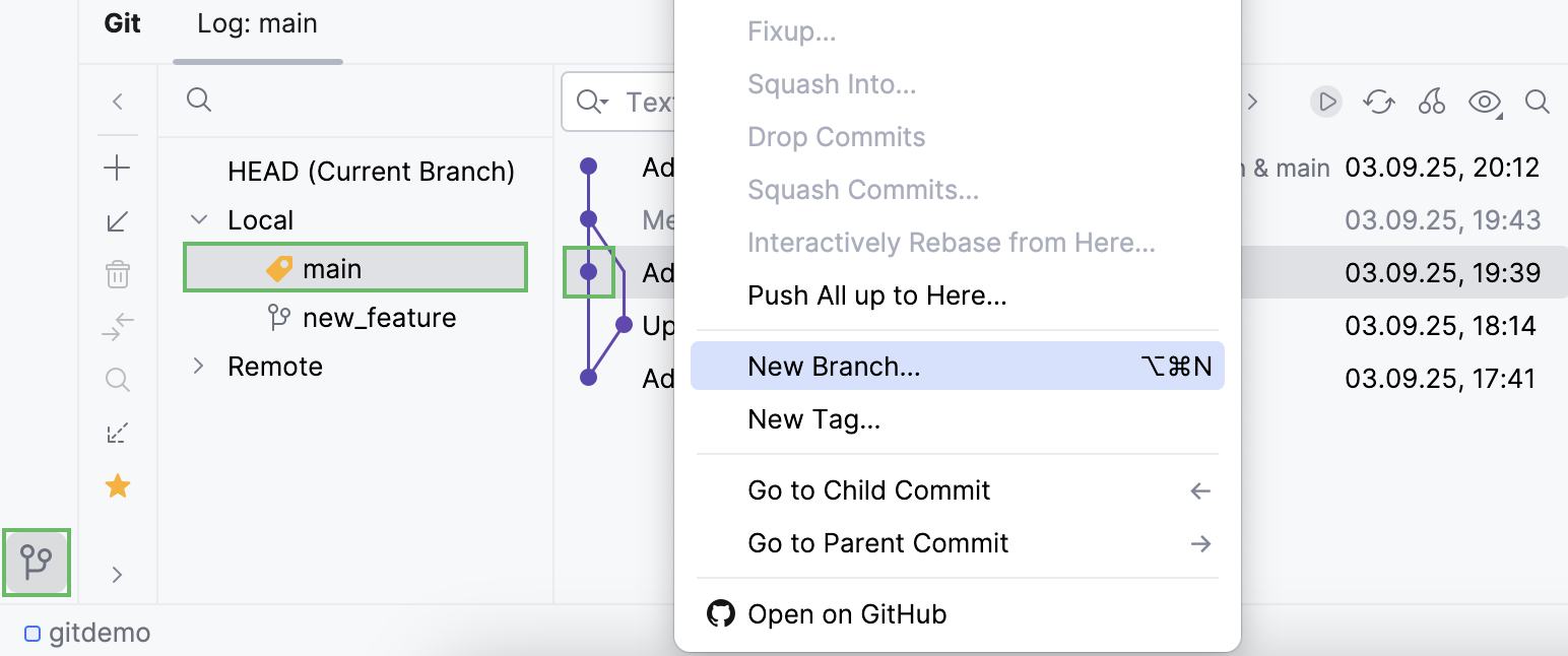 在日志选项卡中从所选提交创建新分支
